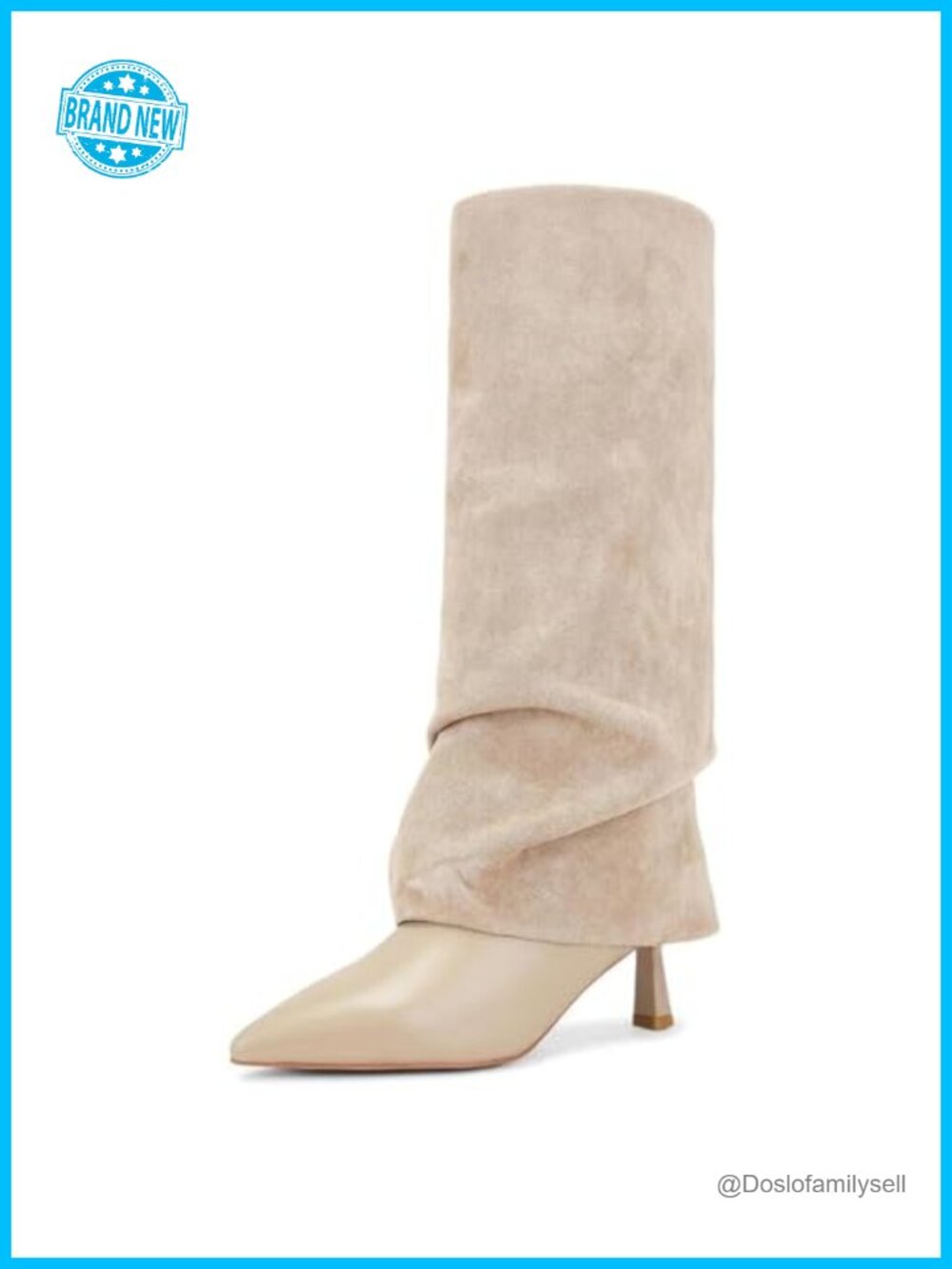 Women's Suede Fold Over Knee High Pointed Toe Stiletto Heel Pull On Boots